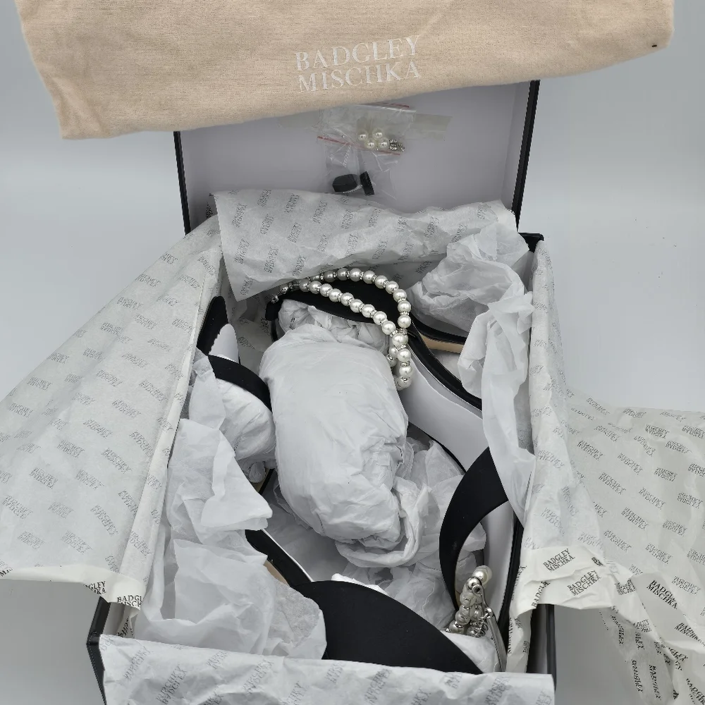 NIB Badgley Mischka Loretta Dual Pearl Strap Stiletto Heel Sandals, Black Satin - Picture 5 of 16